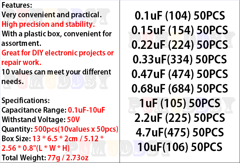 500pcs/lot 10values*50pcs 0.1u - Capacitor Kit Assortment recension och pris